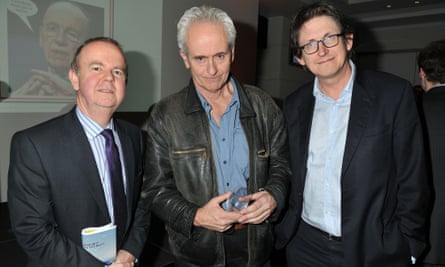 Rusbridger with Guardian reporter Nick Davies and Ian Hislop at the 2012 Paul Foot award in London