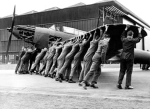 1940: Trainees push a Fairey Battle to a hangar at 2 School of Technical Training at Cosford, Shropshire