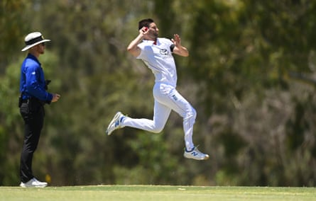 Mark Wood bowls during a practice match between England and the England Lions at Lilac Hill