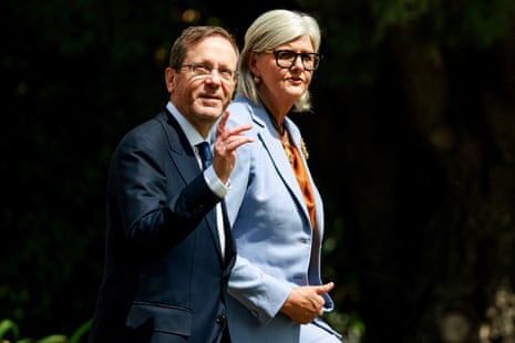 Australia’s governor general Sam Mostyn walks with Israeli president Isaac Herzog