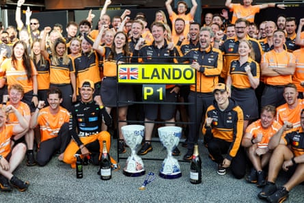 Lando Norris celebrates with the McLaren team at Zandvoort.