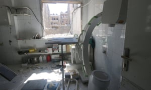 Damage inside a field hospital after airstrikes in a rebel-held area of Aleppo on Sunday.