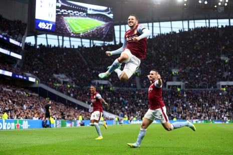 Emi Buendía of Aston Villa celebrates after scoring his side’s first goal during a 2-0 away win at Tottenham
