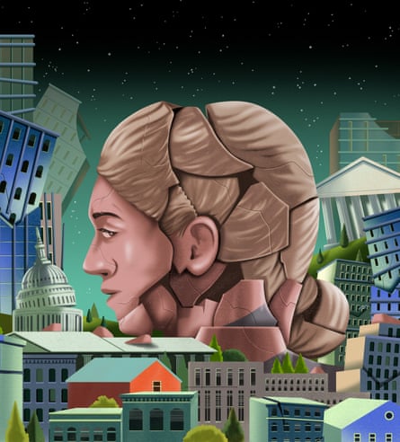 Graphic illustration of a head surrounded by buildings, with everything cracked