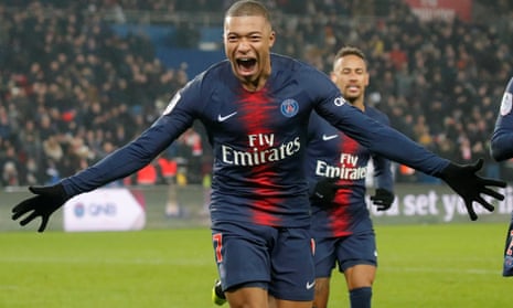 Kylian Mbappé celebrates scoring PSG’s eighth and his third