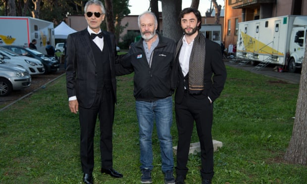 Andrea Bocelli, left, director Michael Radford, centre, and Toby Sebastian, who plays Bocelli in The Music of Silence.
