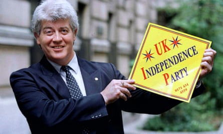Alan Sked with his party’s logo in 1996.