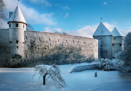 Tallinn medieval town wall, cold winter day, frost