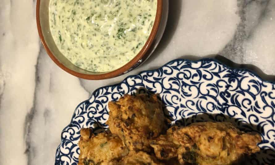 ‘Bouncy, crisp’: prawn fritters with coriander mayo.