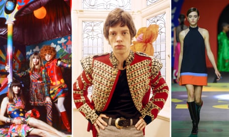 60s styles: from left, the Apple Boutique in the late 60s, Mick Jagger in a Grenadier Guards jacket in 1967, and a Dior minidress from this year’s Paris fashion week.