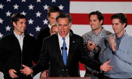 Romney with his wife and sons at the Iowa caucuses in January 2012.