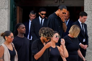 Mourners including Liverpool players Andrew Robertson, Virgil van Dijk and Joe Gomez, react as the coffins of Diogo Jota and his brother André Silva are carried during their funeral in Gondomar