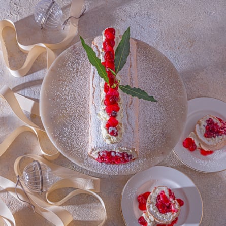 Rolled pavlova with pear, cranberry and ginger.