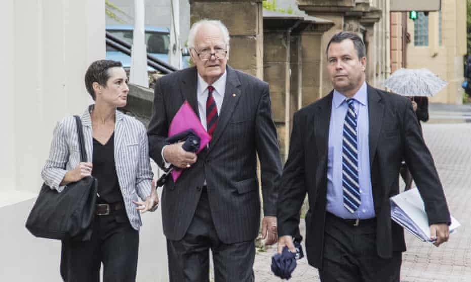 Former governor general Peter Hollingworth (centre) arrives at the royal commission into child sexual abuse in Hobart on Wednesday.