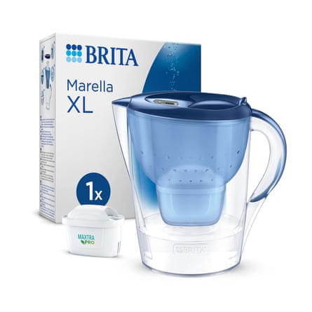 BRITA Marella XL Water Filter Jug Blue in front of the box it is packaged in and a replaceable cartridge to the left.