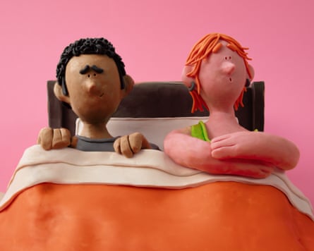 Illustration of two people in forced proximity in bed.