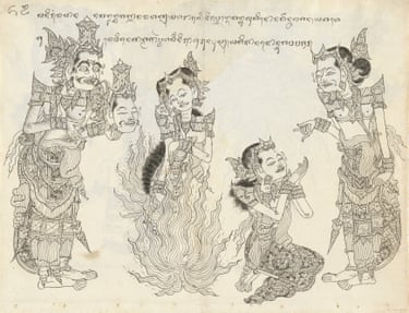 Scene from a Ramayana kakawin manuscript (prasi), early 1800s, Chinese ink on English paper, (J Whatman 1811), 37.5 × 47 cm, National Gallery of Australia, Canberra, purchased 1990.
