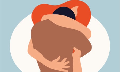 An illustration of a naked couple, from the waist up, in an embrace