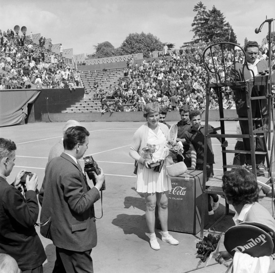 Christine Truman with the winner’s trophy at Roland Garros after beating Zsuzsi Kormoczy to take the 1959 French Open