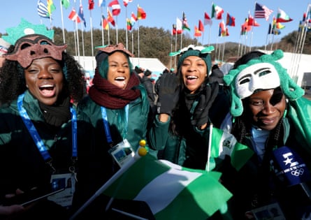 Seun Adigun, Akuoma Omeoga, Ngozi Onwumere and Simidele Adeagbo talk to the media after the official welcoming ceremony at the 2018 Winter Olympics