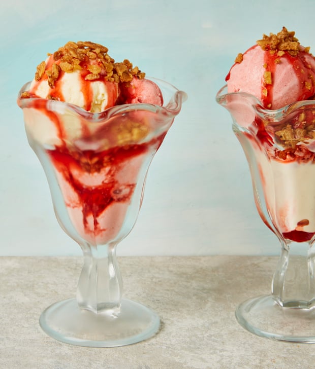 Knickerbocker glory: Yotam Ottolenghi’s strawberry and mascarpone sundae with banana chips.