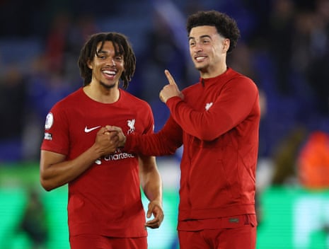 Liverpool goalscorers Trent Alexander-Arnold (left) and Curtis Jones celebrate after their 3-0 win at Leicester City.