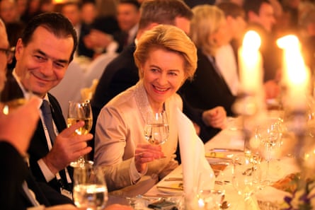 Von der Leyen raises a glass during a state dinner at the Munich security conference in February 2020