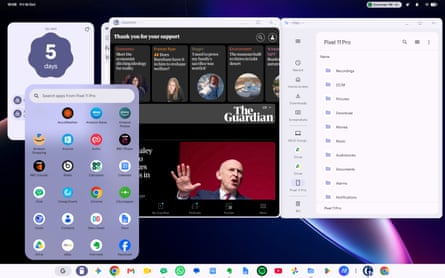 Overlapping screens show a phone app launcher, the Guardian app, and a Files window.