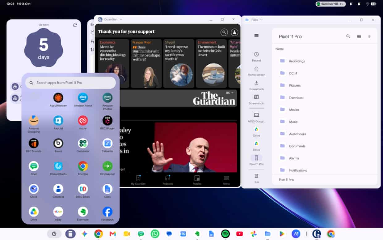 Overlapping screens show a phone app launcher, the Guardian app, and a Files window.