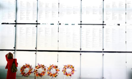 A wall engraved with the names of journalists who died covering the news, at the Newseum in Washington DC.