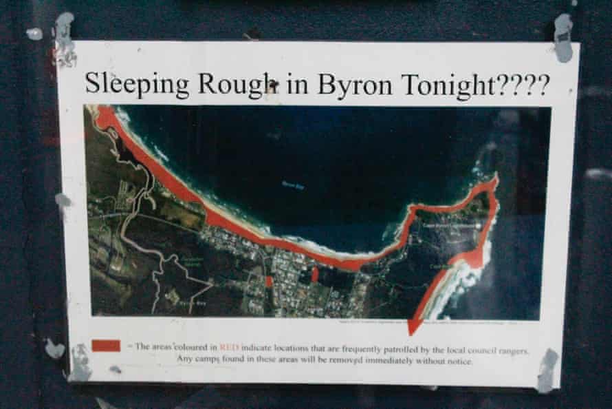A sign showing where rangers patrol to help rough sleepers in Byron Bay, NSW Australia