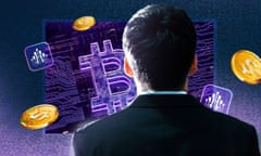 The Hyperverse logo and bitcoin logo with a faceless man in a suit looking on.