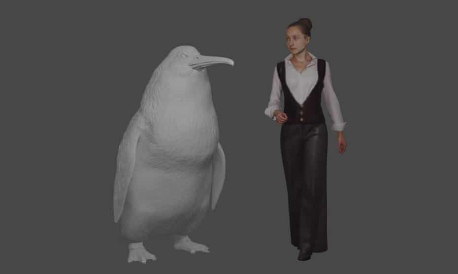 An illustration shows the approximate height of a giant penguin next to a woman.