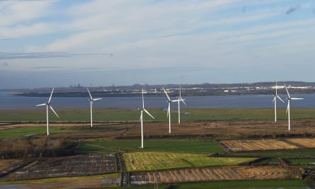 Frodsham wind farm, Helsby Hill. UK government’s plan for a ‘green industrial revolution’ has received criticism for weak regulations and investment in roads.