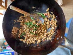 Leela Punyaratabandhu’s pad kra pao: don’t even thinkof leaving out Thai holy basil. Thumbs by Felicity.