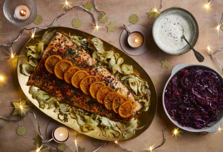 Emily Scott’s Christmas baked salmon with lemon verbena vodka, clementines, fennel and dill creme fraiche.