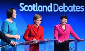 From left, Scottish Labour’s Kezia Dugdale, SNP leader Nicola Sturgeon and Ruth Davidson of the Scottish Conservatives at the STV election debate.