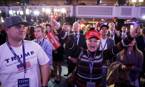  Supporters of Republican presidential nominee Donald Trump cheer during the election night event in New York City.