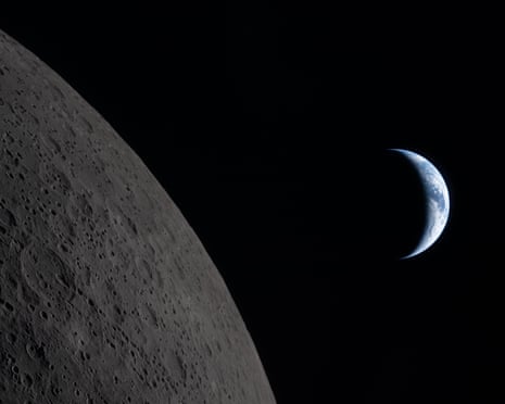 Artemis II crew captured this view of the Earth next to the moon before Earthset during a lunar flyby, 6 April.