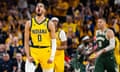 Indiana guard Tyrese Haliburton reacts to a made basket during Game 3 of the Pacers’ first-round playoff series against the Milwaukee Bucks at Gainbridge Fieldhouse.