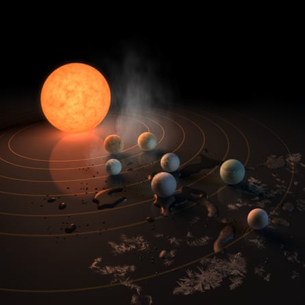 Artist’s impression of the of Trappist-1 and its planets. The potential for water is represented by the frost, water pools, and steam surrounding them.