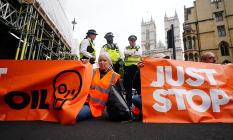 Just Stop Oil activists protesting outside the Department for Business, Energy and Industrial Strategy in London on 17 October.