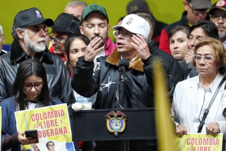 Colombian President Gustavo Petro addresses supporters at the rally.