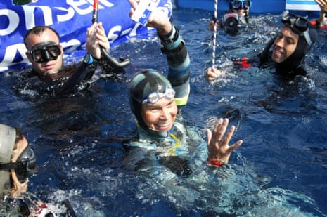 Natalia Molchanova celebrates winning the first women’s free-diving world championship in 2005