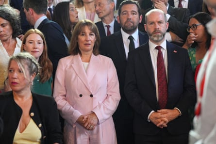 Rachel Reeves (centre) and the chief whip, Jonathan Reynolds (right), wait to welcome Andy Burnham in Westminster Hall at the Houses of Parliament in London.