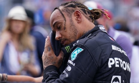 Lewis Hamilton looks dejected after finishing sixth in his Mercedes car at the Miami Grand Prix.