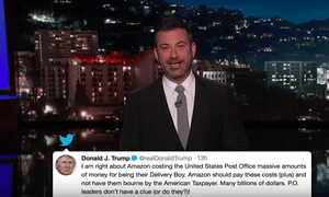 Jimmy Kimmel: ‘He says Amazon has been taking advantage of the US postal service after he claimed the post office loses $1.50 for every Amazon delivery which, by all accounts, isn’t true.’ 730.png?w=300&q=55&auto=format&usm=12&fi