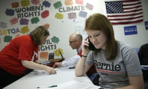 Volunteers participate in a phone banking campaign for Bernie Sanders in Des Moines, Iowa on 1 February 2016. Sanders was the first to use peer-to-peer texting as a major campaign tool.