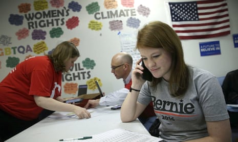 Volunteers participate in a phone banking campaign for Bernie Sanders in Des Moines, Iowa on 1 February 2016. Sanders was the first to use peer-to-peer texting as a major campaign tool.