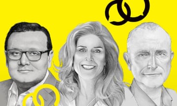 Black and white pencil looking illustration of 3 business executives highlighted in the article. They are displayed on a bright yellow background.